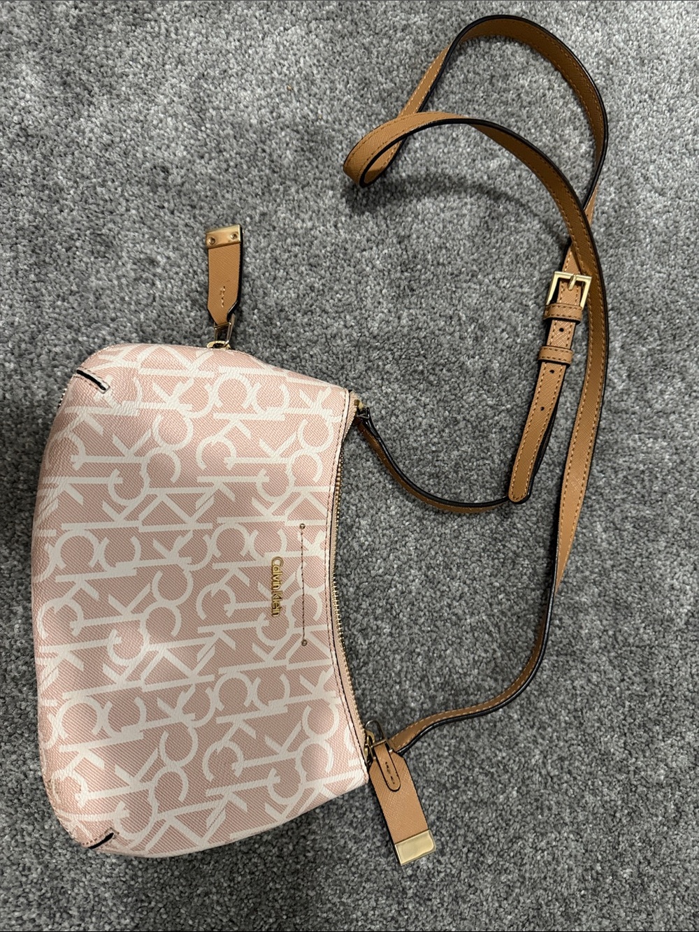Calvin Klein Blush Pink Logo Crossbody with Tan Strap